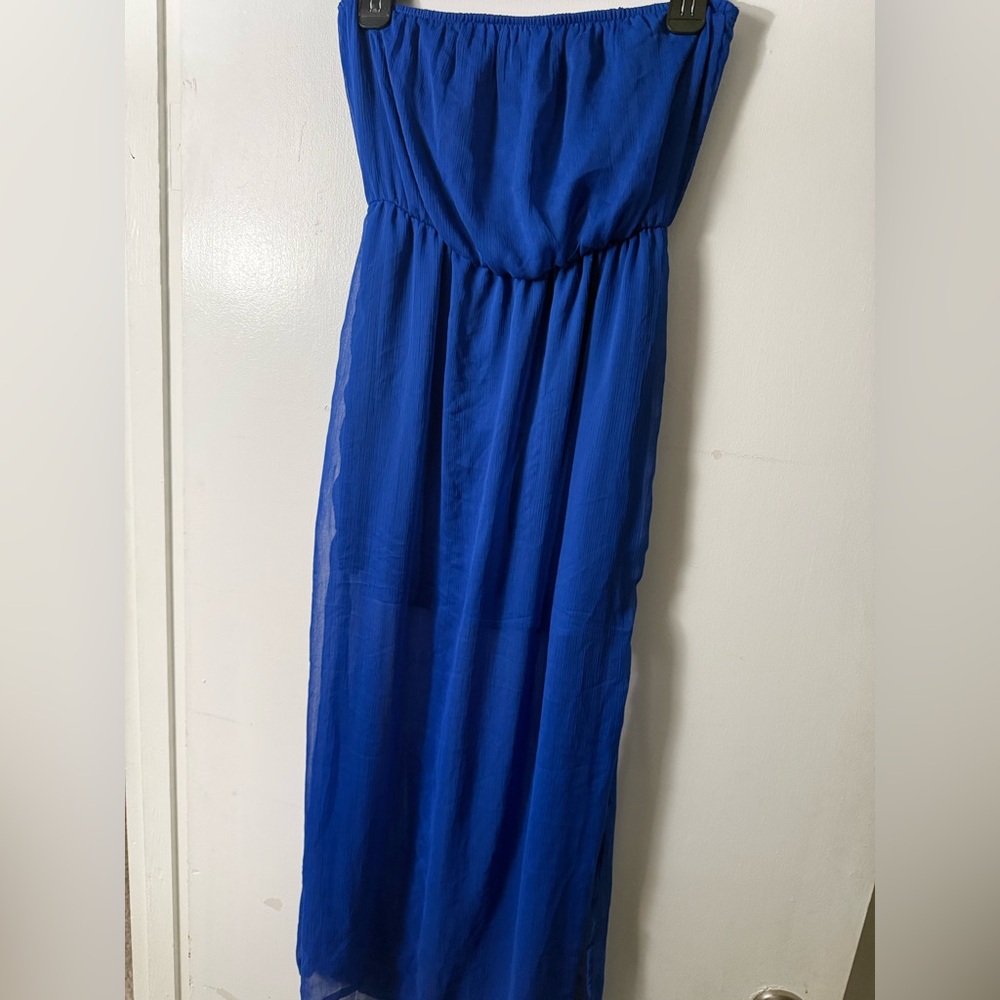 Poetry Brand Strapless Royal Blue Maxi Dress w/sheer finish